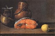 Luis Melendez Still Life with Salmon, a Lemon and Three Vessels oil painting reproduction